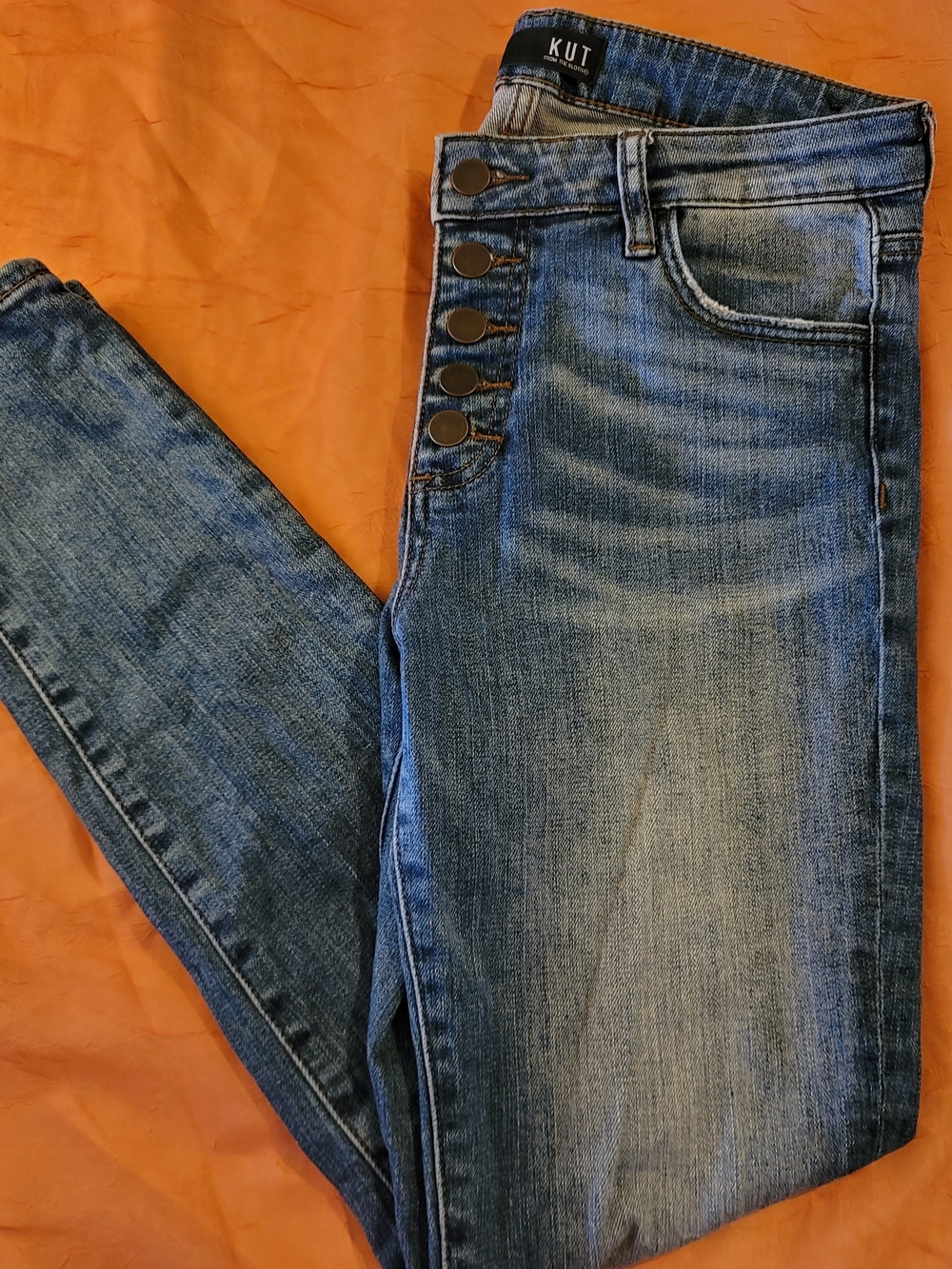 Kut from the Kloth Distressed High-Rise Ankle Skinny Jeans in Blue Wash
